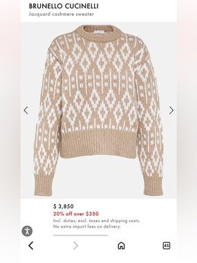 Brunello Cucinelli crew neck printed cashmere jumper jacquard sweater size small